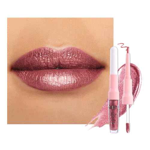 Kaely 2-in-1 Mauve Metallic Lipstick and Lip Liner Makeup, Shimmer Liquid Metallic Lipsticks for Women, Glitter Lip Gloss Stain Long Lasting Waterproof Smudge Proof 24 Hour, Vegan & Cruelty-Free, 16