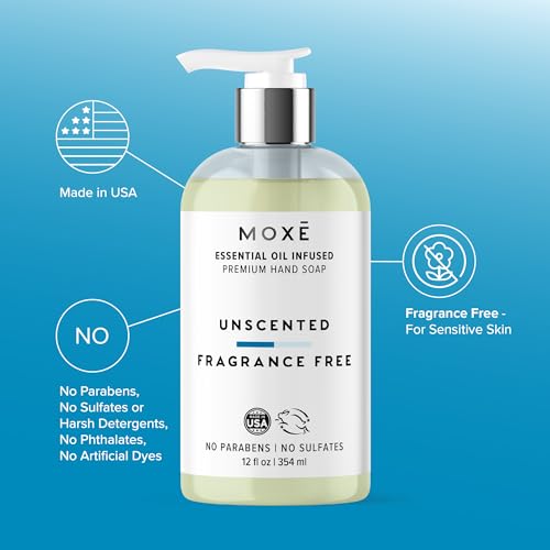 MOXE All Natural Hand Wash ? Unscented Fragrance-Free? Gentle Formula, Organic & Plant-Based ? For Kitchen & Bathroom ? Biodegradable, Vegan, Cruelty-Free, No Sulfates or Parabens ? 12 oz