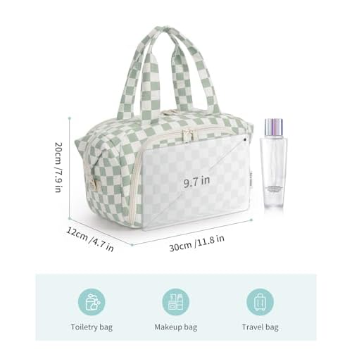 Narwey Travel Toiletry Bag for Women, Checkered Large Makeup Bag, Wide Open Cosmetic Make Up Organizer with Handle, Wet Pocket for Towel, Travel Bag for Toiletries, Brushes, Essentials (Green Checker)