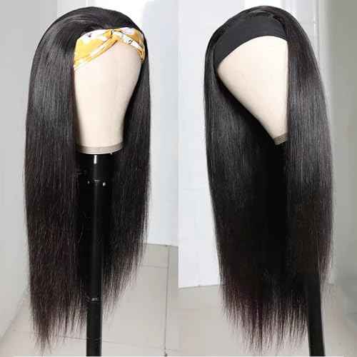 Headband Wig Straight Human Hair 20 inch Glueless None Lace Front Machine Made Virgin Human Hair Wigs for Black Women Straight Headband Wigs Human Hair Natural Color