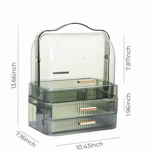 Makeup Organizer, Waterproof & Dustproof Cosmetic Display Cases with 2-Layer and Transparent Cover, Skincare Display Boxes,Makeup Caddy Holder for Vanity Countertop, Bathroom, Dresser, Bedroom, Green