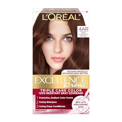 L'Oreal Paris Excellence Cr?me Permanent Hair Dye, Triple Care Hair Color with Hyaluronic Acid for 100% Gray Coverage, 4AR Dark Chocolate Brown, 1 Kit (Packaging May Vary)