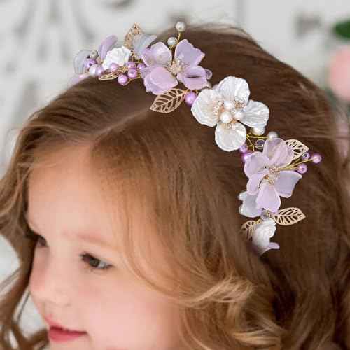 Campsis LED Flower Girl Headpiece, Purple Floral Crystal Light up Headband, Leaf Bridal Wedding Hair Accessories for Girls
