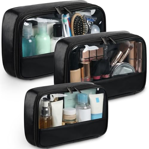 Abbylike 3 Pcs Clear Makeup Bag PU Leather Travel Cosmetic Case Transparent Toiletry Bag with Zipper Waterproof Travel Toiletry Bags for Women and Girls(Black)