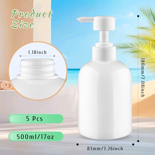 5 Pcs 500ml/17oz PET Round Plastic Shampoo Pump Jar Leakproof Large Lotion Dispensers Refillable Body Wash Container for Essential Oil Hair Conditioner