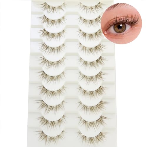 DAODER Brown Mink Lashes Natural Look Clear Band Cat Eye Strip False Eyelashes Brown Wispy Eyelashes 13mm Short Anime Lashes Reusable Light Lash Pack 10 Pairs(Brown Cat Eye)