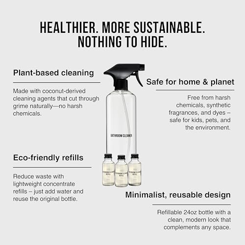 Public Goods Bathroom Cleaner Refill & Glass Spray Bottle | Refill Concentrate for Toilets, Tile, Showers | Cruelty Free | Scented w/Lemon Rosemary Essential Oils | 3 Pack - 24 Oz Diluted