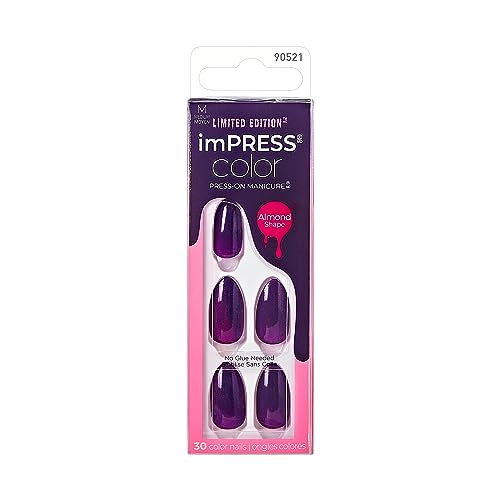 KISS imPRESS Color Press-On Manicure Halloween, Solid Purple, Medium Length, Almond Shape, PureFit Technology, Chip Proof, Smudge Proof, Waterproof, Nail File, Manicure Stick & 30 Fake Nails