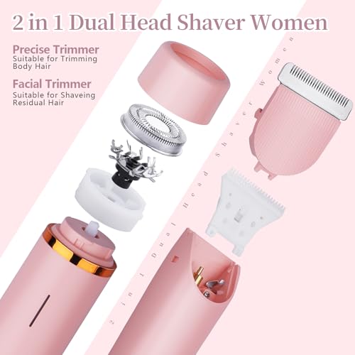 Ladies Electric Razor, 2 in 1 Dual Head Shaver Women, Bikini Trimmer for Women Personal Body Face Leg Arm Hair USB Charge Waterproof Wet and Dry (Pink)