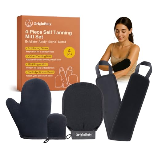 4 Pack Self Tanning Mitt Applicator Kit,Tanning Glove for Self Tan Mitt,Self Tanner Back Applicator,Mini Tan Mit, Exfoliating Mitt, for Sunless Streak-Free Fake Tanning