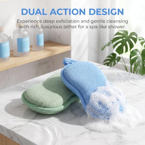 Baby Bath Sponge 2 Pack - Soft Kids Exfoliating Washcloths for Toddler Bathing, Green & Blue