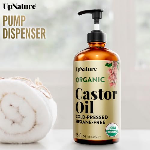 UpNature Organic Castor Oil 16oz - Cold Pressed, Hexane-Free, Glass Bottle + Pump