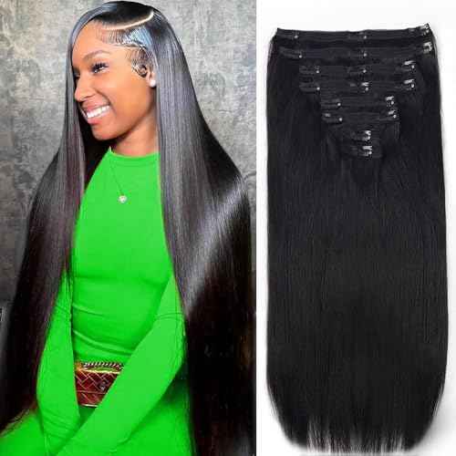 Straight Clip in Hair Extensions Real Human Hair 8Pcs Remy Human Hair Clip ins for Women, Natural Soft Human Hair, 120g 32inch #1B Natural Black