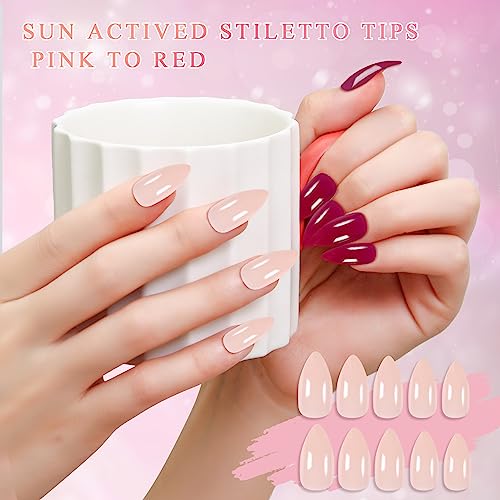 Sun Change Color Nail Tips Pink To Red Mood Change Manicure Kit Stiletto Acrylic Stick on Static Nails for Women Girls