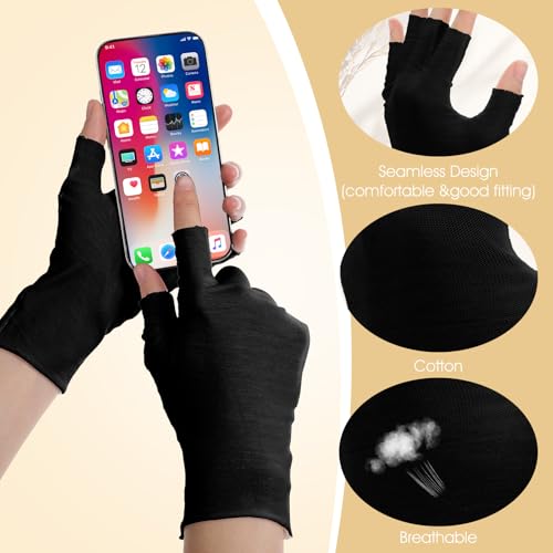 8 Pairs Black Cotton Fingerless Moisturizing Gloves for Dry Hands & Eczema
