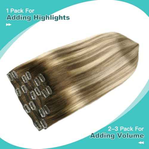 SURNEL Clip in Extensions Human Hair Balayage Walnut Brown to Ash Brown and Golden Blonde Hair Extensions Real Human Hair Clip ins 22 Inch 6pcs 120g(#3/8/22,22'')