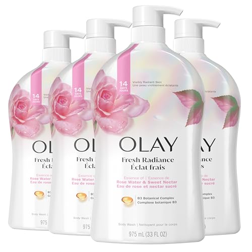 Olay Body Wash for Women, Fresh Radiance, Refreshing & Renewing, Made with Plant Based Cleansers, B3 Botanical Complex, For All Skin Types, Rose Water & Sweet Nectar Scent, 33 fl oz (Pack of 4)