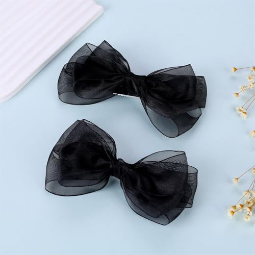 ZOLYCO Large Big 6 Inch Organza Double Hair Bow Clip Party Alligator Mesh Hair Accessories for Women Teens Girls Kids 2 Pcs (Black)