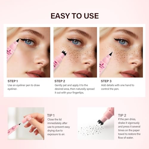 Freckle Pen, 2-in-1 Freckle stamp & Eyeline pen, Waterproof Quick Dry Long Lasting Soft Faux Freckles, Lifelike Magic Stamp Marker For Sunkissed Makeup (Medium)