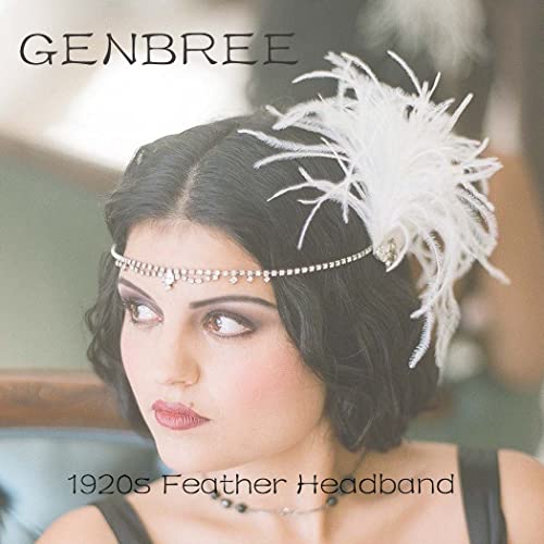 GENBREE 1920s Flapper Headband White Feather Hair Clip Rhinestone Headpiece Prom Party Hair Accessories for Women and Girls