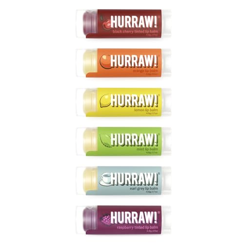 Hurraw! Lip Balms Staff Favorites, 6 Balm Bundle Pack: Black Cherry Tinted (Sheer Red Tint), Orange, Lemon, Mint, Earl Grey, Raspberry Tinted (Sheer Berry Tint) - Organic, Certified Vegan and All-Natural. Bee, Shea, Soy & Palm Free. Made in USA