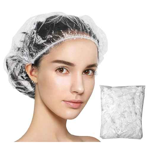 Keeygo Disposable Shower Caps 50 PCS Bath Caps Clear Waterproof Plastic Wraps for Women, Hotel Travel Essentials Accessories Hair Caps(20.5")