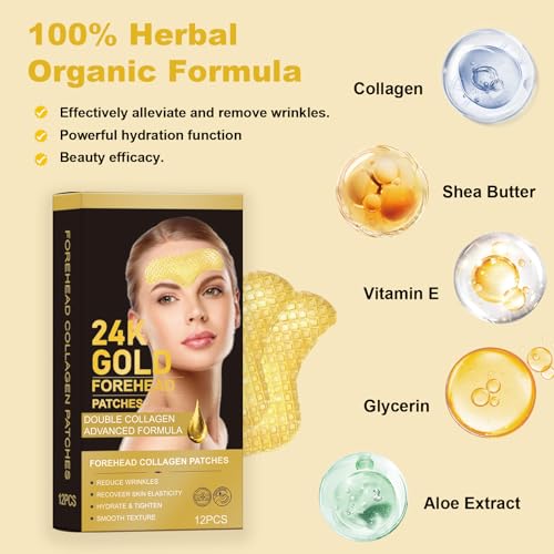 OAKSII 24K Gold Forehead Wrinkle Patches, 12PCS Collagen Anti Wrinkle Patches, Face Wrinkle Patches with Aloe Hyaluronic Acid for Forehead Wrinkles