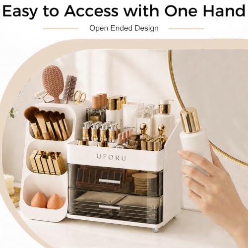 UFORU White Makeup Organizer with Brush Holder for Vanity & Bathroom