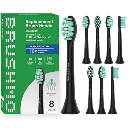 Brushmo Plaque Control Replacement Toothbrush Heads, Compatible with Philips Sonicare Click-on Electric Toothbrush Handles, 8 Standard Replacement Heads, SoftDuPont Bristles, BM928bk, Black