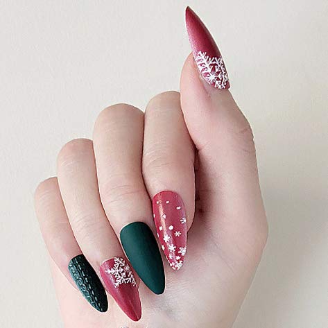 Gangel Red Matte False Nails Xmas Fake Nail Full Cover Christmas Long Fake Nails Snow Deer Acrylic Press on Nails Daily Wear Gifts for Women and Girls 24Pcs (RED GREEN)