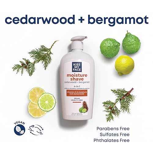 Kiss My Face Fragrance Free Moisture Shave, Cedarwood and Bergamot, 4 In 1 Shaving Cream, Cruelty Free And Vegan, With Added Olive Oil And Aloe Leaf Extract, Vitamin E Rich, 11 fl Oz, 4 Pack
