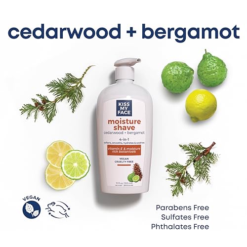 Kiss My Face Fragrance Free Moisture Shave, Cedarwood and Bergamot, 4 In 1 Shaving Cream, Cruelty Free And Vegan, With Added Olive Oil And Aloe Leaf Extract, Vitamin E Rich, 11 fl Oz, 4 Pack
