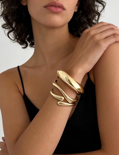 14k Gold Plated Chunky Bangle Bracelets Set for Women