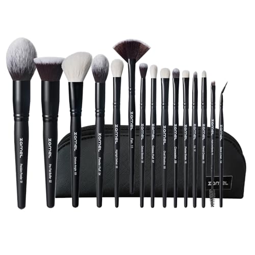ZAMEL Professional Makeup Brush Set - 15pcs Labeled Black Foundation & Eyeshadow Brushes with Travel Case, Cruelty-Free Premium Synthetic hair Soft Bristles, Ideal for Women & Makeup Lovers