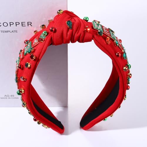 Christmas Headband for Women Holiday Christmas Accessories Beaded Xmas Bow Tree Snowflake HOHOHO Knotted Headband Red Green Crystal Pearl Top Knot Headband Festive Holiday Gifts (MERRY CHRISTMAS 2)