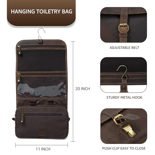 LEATHER VILLAGE Hanging Leather Toiletry Bag for Men ? Handcrafted Vintage Premium Travel Dopp Kit with Waterproof Lining, Shaving Organizer and Shower Bathroom Essentials Case - Brown