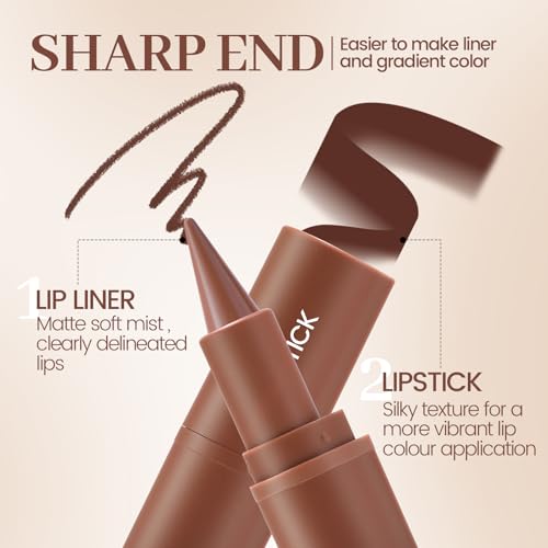Lip Combo Sets, Brown Plumping Lip Contour Liner Pencil and Nude Lipstick Combo, Matte Highly Pigmented Lip Liner Moisturizing High Shine Shimmer Long Lasting Lipstick Stain Makeup04