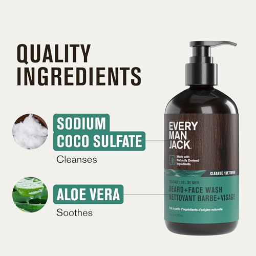 Every Man Jack Beard + Face Wash - Subtle Sea Salt Fragrance - Deep Cleans, Conditions, and Softens Your Beard and Skin Underneath - Naturally Derived with Coconut Oil, Glycerin, and Coconut - 6.7oz