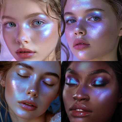 Holographic Duochrome Purple Blue Eyeshadow&Highlighter Palette, Color Shift Glitter Iridescent Cream Highlighter, Smooth Long Lasting Sparkling Eyeshadow Mermaid Facial Illuminator Makeup#04