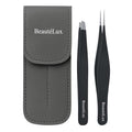 Precision Tweezer Set ? Slant & Pointed Tip Stainless Steel Eyebrow Tweezers with Leather Pouch, Professional Hair Removal for Ingrown Hair, Chin, Splinter & Blackhead