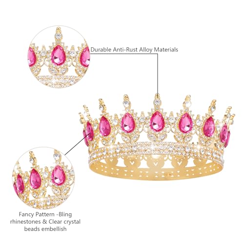 Gold & Rose Rhinestone Wedding Crown Tiara for Women