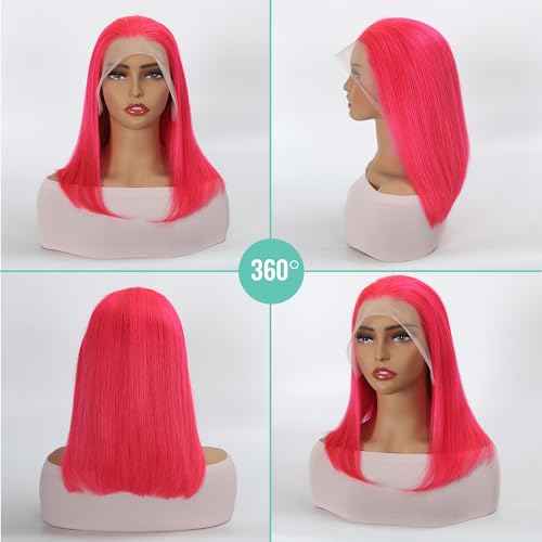 13x4 HD Lace Pink Bob Wigs 100% Human Hair Front Wig Brazilian Unprocessed Virgin Human Hair Wigs Pre Plucked Natural Hairline Transparent Front Lace Bob for Women (8")