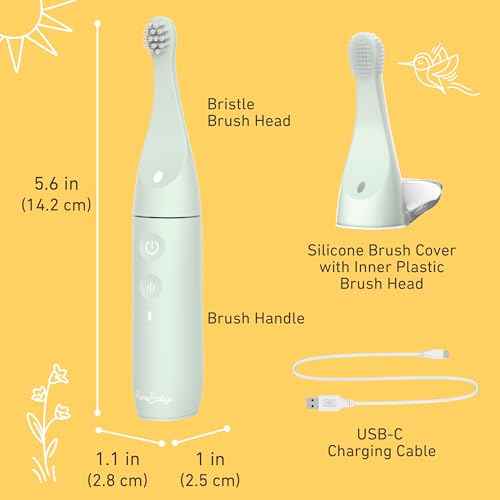 Pure Enrichment PureBaby Infant-to-Toddler Electric Toothbrush - Waterproof Baby & Toddler Toothbrush with Silicone & Bristle Heads, Sonic Vibration, & Timer - Ages 6 Mo-3 Yrs (Sage Green)