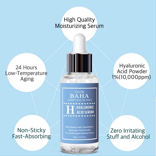 Cos De BAHA Pure Hyaluronic Acid Serum - Moisturizer, Natural Collagen Plumping Booster, Anti Wrinkle Formula, Drop of Youth, Increase Skin Hydration, Korean Skin Care, 1fl-oz