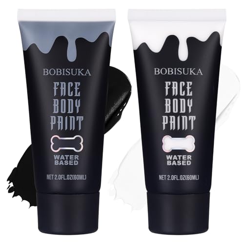 BOBISUKA Black and White Face Body Paint Kit, Water Based Face Painting for Halloween Clown Skeleton Joker Zombie Mime Sugar Skull Makeup for Women Adults, Non-Toxic Washable