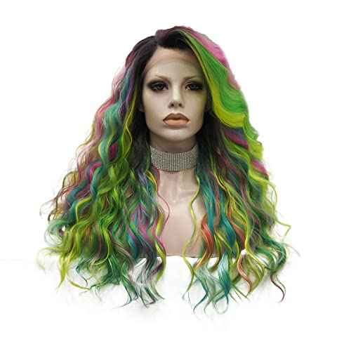 IMSTYLE Multicolor Lace Front Wigs Rainbow Green Wigs Loose Curl Dark Root Colorful Synthetic Hair Wig Heat Resistant with Natural Hairline 22 Inch