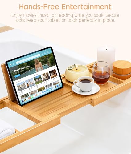 Expandable Bamboo Bathtub Tray Caddy with Wine Glass Holder
