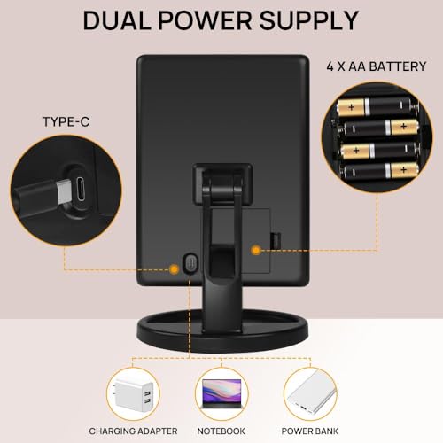 Lighted Makeup Mirror with Lights Vanity Makeup Mirror with Adjustable Brightness and 180 Degree Rotation Touch Screen Dual Power Supply Gifts for Teens Girls Women (Black)