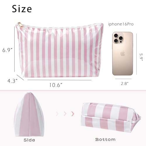 Large PVC Waterproof Striped Makeup Bag,Clear Coated Cosmetic Bags,Easy to Clean,Travel Organizer Zipper Pouch Beach Vacation Essentials for Women Girls(04Pink Stripe)