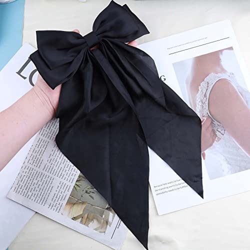 Andelaisi Vintage Silk Bow Hair Clips Black Bowknot Hair Barrettes Long Tail Silk Bow Hair Clip Barrette Large Bow Hair Accessories French Bowknot Clip Headpiece for Women and Girls Headdress (Black)